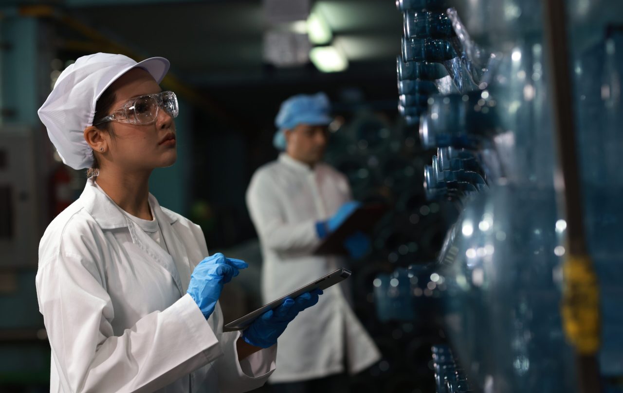 A couple of Water analysis in Drinking water factory, water sampling quality check